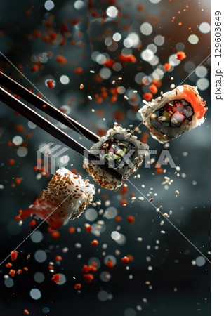 Fresh Sushi Rolls with Chopsticks and Flying Sesame Seeds Fresh Sushi Rolls with Chopsticks and Flying Sesame Seeds 129603649