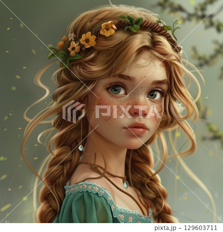 Enchanting Portrait of a Young Girl with Floral Crown and Braided Hair in Magical Forest Setting 129603711