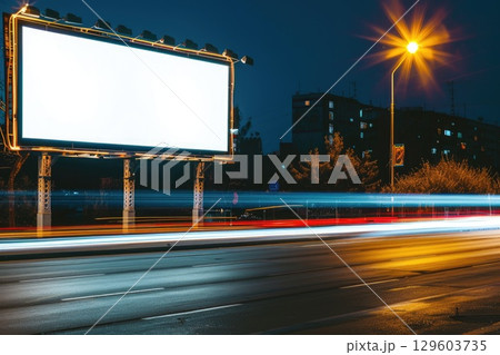 Blank Billboard on Busy City Street at Night with Light Trails 129603735