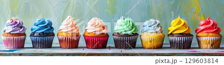 Colorful Cupcake Row with Decorative Frosting on Vibrant Background 129603814