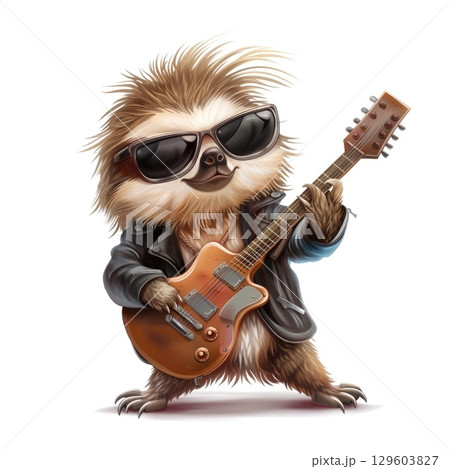 Cool Sloth Playing Guitar in Stylish Outfit with Sunglasses 129603827
