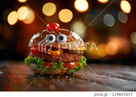 Creative and Fun Cartoon Character Burgers with Fresh Vegetables on a Wooden Board Creative and Fun Cartoon Character Burgers with Fresh Vegetables on a Wooden Board 129603857