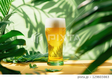 Refreshing Cold Beer Splashing in Lush Tropical Environment 129603863