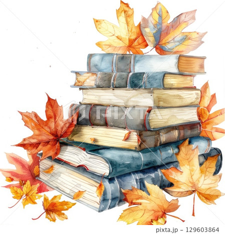 Watercolor Autumn Books with Colorful Leaves and Acorns 129603864