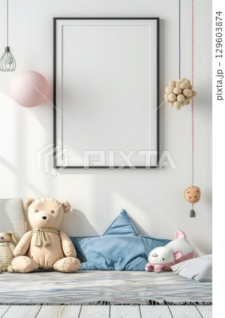 Minimalist Cozy Nursery Interior with Blank White Frame and Soft Plush Toys 129603874