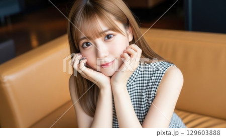 ラウンジのソファで頬杖をつき、優しく微笑む20代女性 129603888