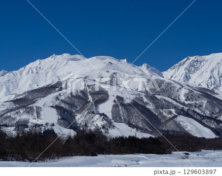 北アルプスの山並み　長野県白馬村 129603897