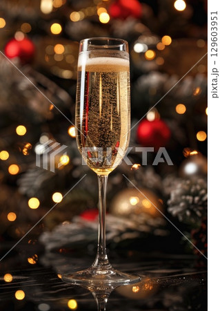 Festive Champagne Glass with Holiday Decor and Bokeh Lights in Background 129603951