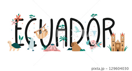 Ecuador Word Art with African Wildlife Animals, Birds, and Nature in Cute Illustration Style. 129604030
