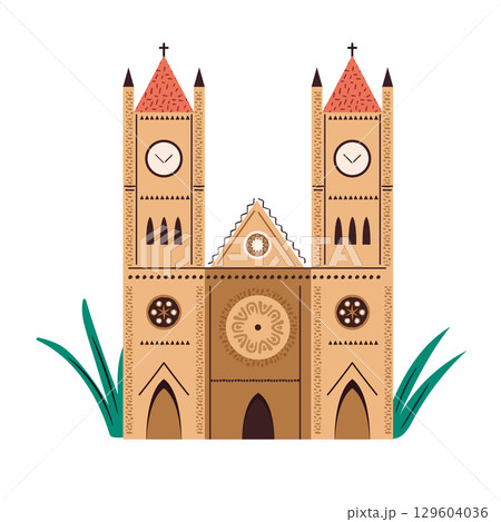 Vector Illustration of Basilica del Voto Nacional in Quito Ecuador with Gothic Architecture Details 129604036