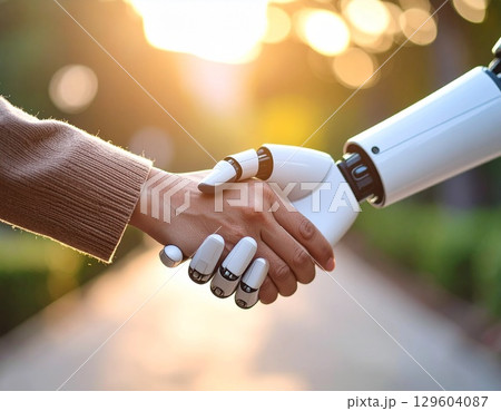 ロボットが人間の手を優しく握る様子 ロボットが人間の手を優しく握る様子 129604087