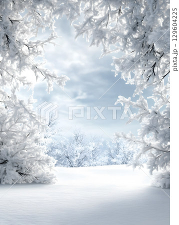 background for design white snow branch on blurred winter background. vertical blue wallpaper 129604225