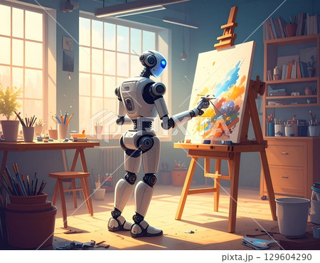 明るいアトリエでキャンバスに絵を描くロボットアーティスト 明るいアトリエでキャンバスに絵を描くロボットアーティスト 129604290