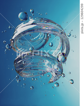 Abstract Glass Swirl with Water Droplets on a Blue Background Abstract Glass Swirl with Water Droplets on a Blue Background 129604299