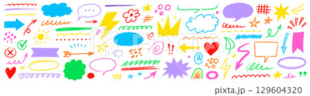 Hand drawn line chalk set. Crayon line arrow, speech bubble, pencil highlight and textured brush icon with cartoon heart, hand drawn marker element. Chalkboard frame sketch. Vector 129604320