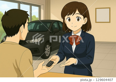 自動車販売店で車の鍵を顧客に手渡す女性営業スタッフ 129604407