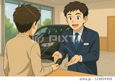 自動車販売店で車の鍵を顧客に手渡す営業マン 129604408