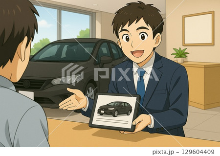 自動車販売店でタブレットを使い車を紹介する営業マン 129604409
