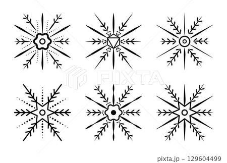 Black monochrome snowflake set, vector signs in different variations, winter collection Black monochrome snowflake set, vector signs in different variations, winter collection 129604499