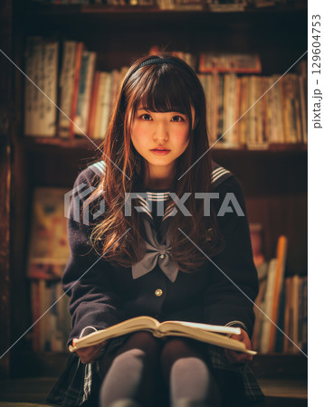 静かな図書室で本を読む女子高生 ─ レトロな空間に響く思索のひととき 静かな図書室で本を読む女子高生 ─ レトロな空間に響く思索のひととき 129604753