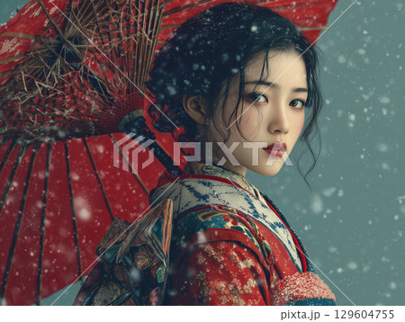 雪の舞う中、赤い和傘を差す着物美人 ─ 冬の和情緒を纏うまなざし 雪の舞う中、赤い和傘を差す着物美人 ─ 冬の和情緒を纏うまなざし 129604755