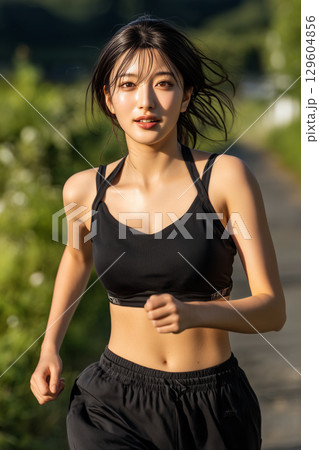 夏の日差しの中を走る女性 ─ 健康美とエネルギーを感じるランニングシーン 129604856