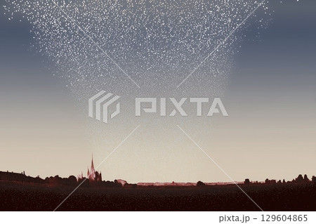 流れ星が降り注ぐ夜空と村のシルエットのミニマルイラスト 流れ星が降り注ぐ夜空と村のシルエットのミニマルイラスト 129604865