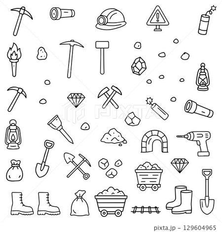 Mining industry icons. Doodle style set. Design of signs for web page, mobile app, packaging design. 129604965