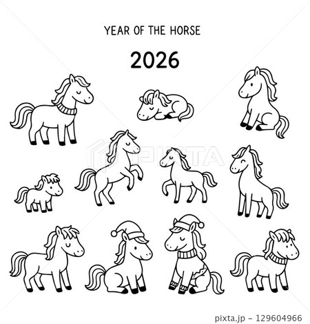 Cute Horses in Doodle Style for Chinese New Year 2026 Traditional Holiday Design Elements. Vector 129604966
