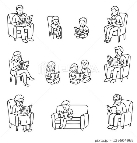 Happy family reading books and newspapers. Home leisure. Flat vector illustration. Vector illustration Happy family reading books and newspapers. Home leisure. Flat vector illustration. Vector illustration 129604969