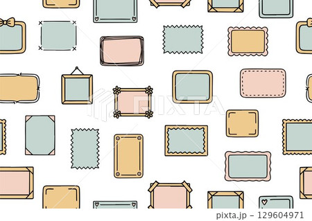 Seamless pattern of colorful vintage doodle frames. Decorative frames with drawings on white background. Vector. 129604971