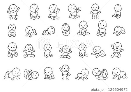 Big set of kids in different poses. Girls and boys with different emotions. Vector illustration. 129604972