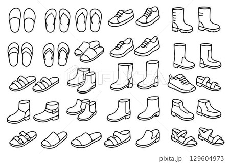 Set of icons of different types of shoes in doodle style. Collection of men's and women's shoe sets, vector illustration. 129604973