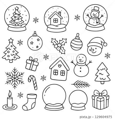 Set with Christmas snow globes and other elements. Winter souvenir air balloon with snow on a stand. Cute house under the snow. Vector illustration, drawing. Vector illustration. 129604975
