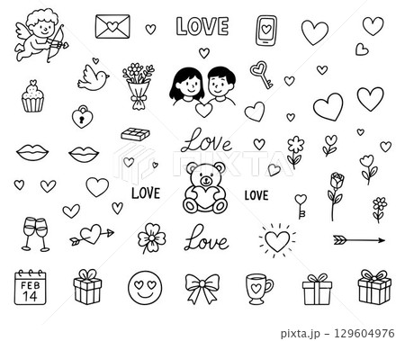 Valentine's Day icon collection. Lots of hearts, teddy bear, doodle gifts. Vector illustration. 129604976