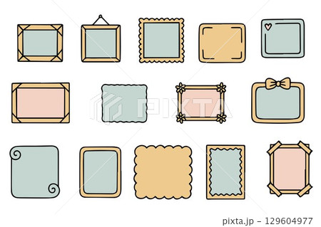 Set of vintage doodle frames. Collection of vintage decorative frames with drawings on white background. Hand drawn vector illustration. 129604977