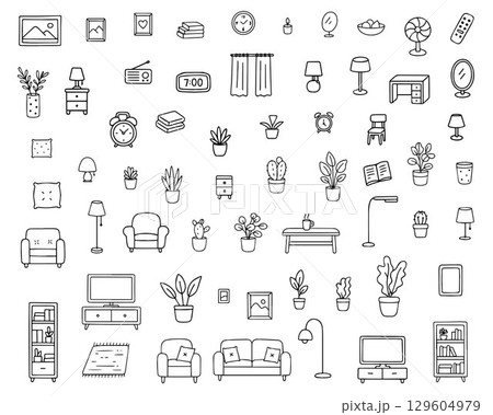 Set of linear furniture icons in doodle style. Designer trendy items for apartment or office interior isolated on white background. 129604979
