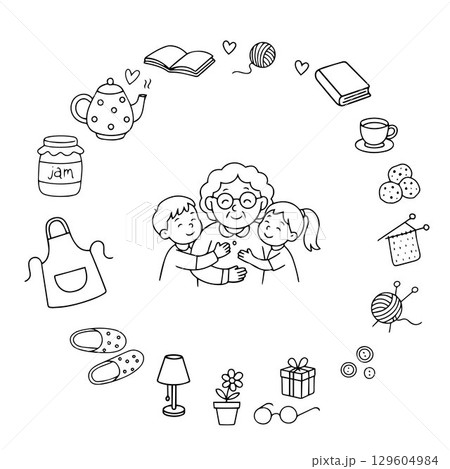 Banner Happy grandson and granddaughter hugging grandmother. Grandmothers Day card design. Vector illustration on white background. Banner Happy grandson and granddaughter hugging grandmother. Grandmothers Day card design. Vector illustration on white background. 129604984