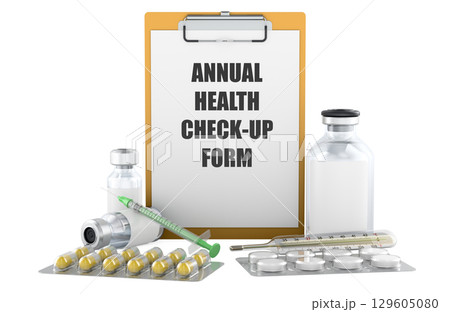 Annual health check-up form, medical clipboard with medication. 3D rendering Annual health check-up form, medical clipboard with medication. 3D rendering 129605080