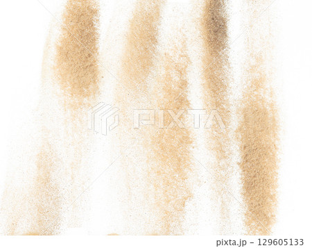 Sand flying explosion, Golden sand wave explode. Abstract sands cloud fly. Yellow colored sand splash throwing in Air. White background Isolated high speed shutter, throwing freeze stop motion Sand flying explosion, Golden sand wave explode. Abstract sands cloud fly. Yellow colored sand splash throwing in Air. White background Isolated high speed shutter, throwing freeze stop motion 129605133