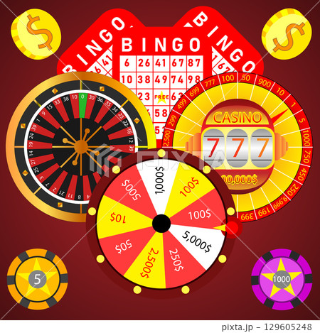 Gambling Vector Set with Roulette, Bingo Card, Prize Wheel, Casino Chips, and Coins 129605248