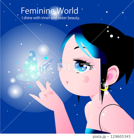 煌めく蝶を見つめる可愛いアニメ風の女性 129605345