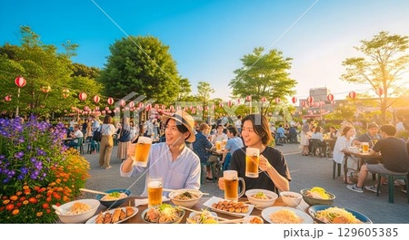 夏祭りの風情とビールを楽しむビアガーデン3　AI生成画像 129605385