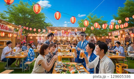 夏祭りの風情とビールを楽しむビアガーデン4　AI生成画像 129605386