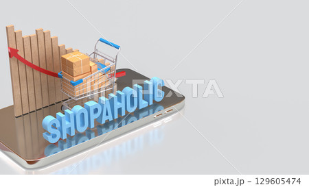 The Shopping Cart and Box on mobile for shopaholic concept 3d Rendering. 129605474