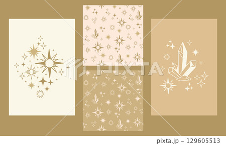 Celestial posters and seamless stars pattern set vector illustration 129605513