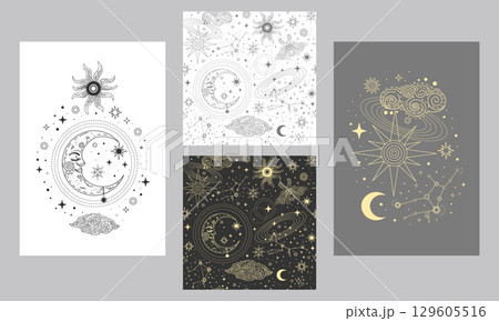 Trendy esoteric posters and seamless pattern set vector illustration 129605516