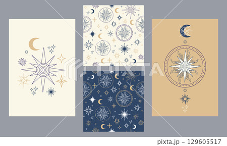 Set of celestial posters and seamless patterns moon and sun vector 129605517