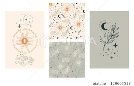 Set of trendy celestial posters and seamless patterns vector 129605518