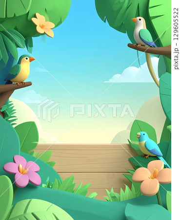 南国の花と鳥のカラフルフレーム 129605522